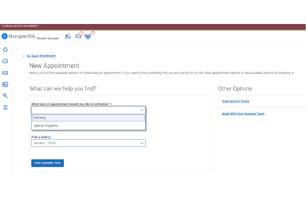 "You can choose to select Advising or Special Programs"